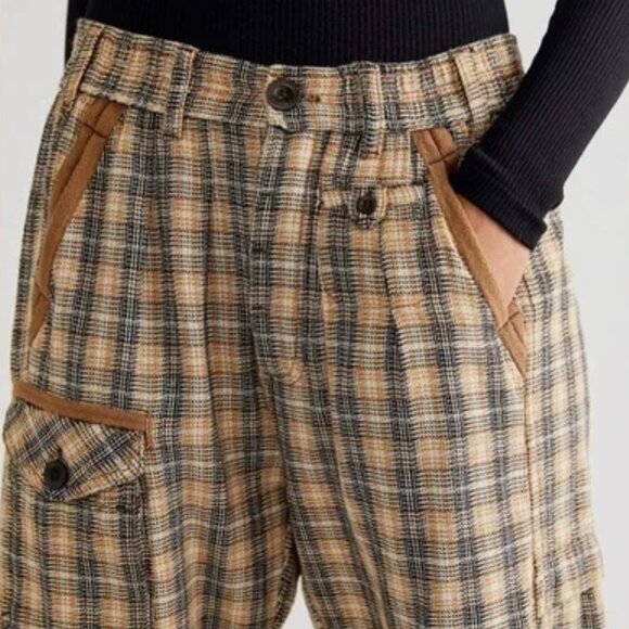Free People Back Street Pants Plaid Tapered Joggers Tan Brown Small Sold Out - Picture 5 of 16